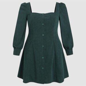 Cider Dress Green Corduroy Mini Long Puff Sleeve Button Up Babydoll Dress 3XL